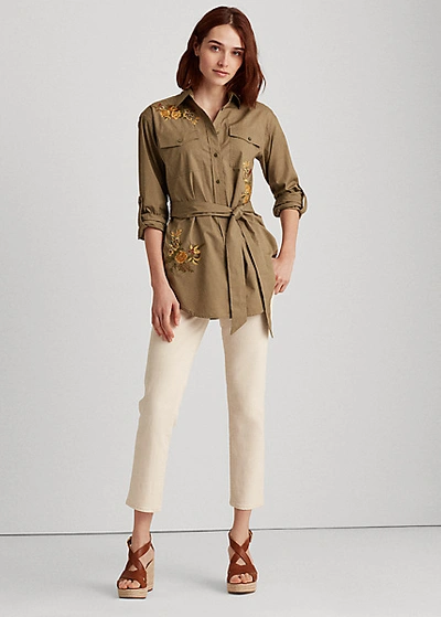 Shop Lauren Ralph Lauren Floral Belted Cotton Shirt In Dry Olive