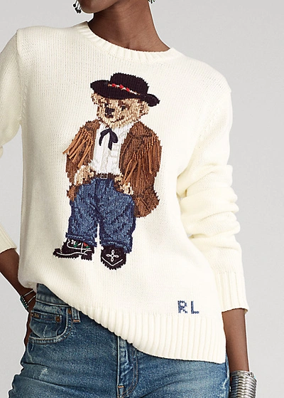 Shop Ralph Lauren Cowboy Polo Bear Sweater In Chic Cream Multi
