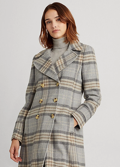 Shop Lauren Ralph Lauren Wool-blend Coat In Blue Plaid