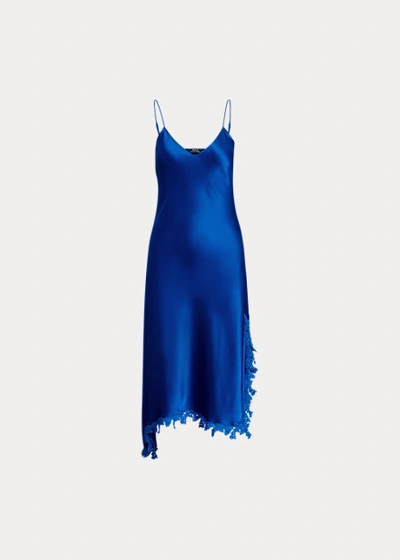 Shop Ralph Lauren Lace-trim Satin Slip Dress In Sapphire Star