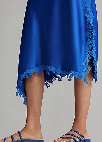 Shop Ralph Lauren Lace-trim Satin Slip Dress In Sapphire Star