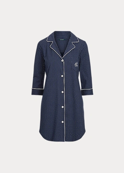 Shop Lauren Ralph Lauren Polka-dot Cotton Sleep Shirt In Navy Dot