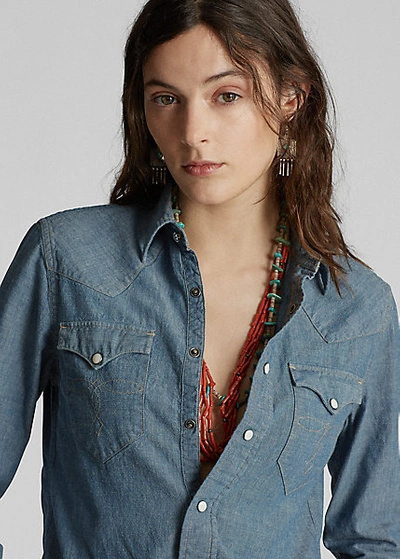 Shop Double Rl Indigo Chambray Western Shirt In Rinse