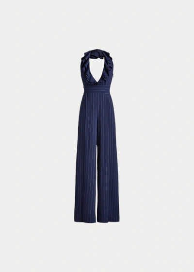 Shop Ralph Lauren Alandra Striped Wool Jumpsuit In Navy/cream