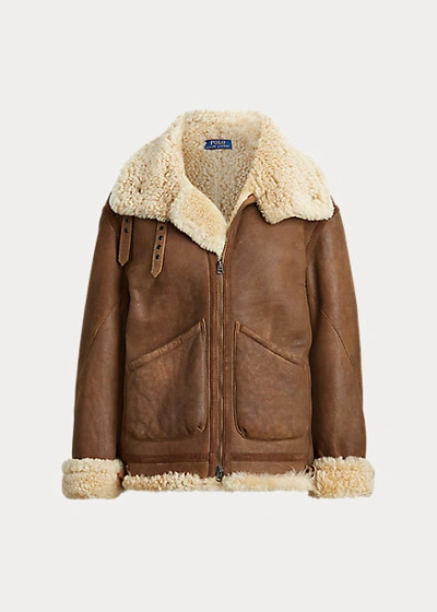 Shop Ralph Lauren Shearling Leather Jacket In Brown/cream