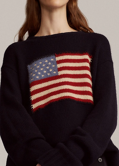 Shop Ralph Lauren Flag Cashmere Crewneck Sweater In Midnight W/ Flag