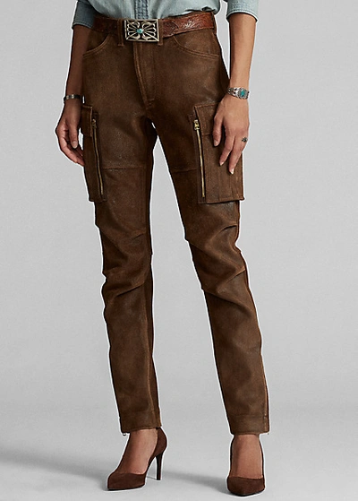 Shop Double Rl Leather Skinny Cargo Pant In Medium Brown