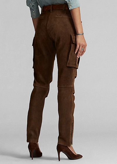 Shop Double Rl Leather Skinny Cargo Pant In Medium Brown