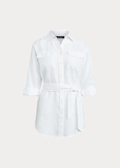 Shop Lauren Ralph Lauren Relaxed Fit Belted Linen Shirt In White