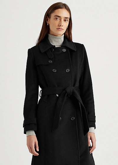 Shop Lauren Ralph Lauren Wool-blend Trench Coat In Black