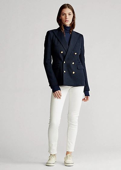 Shop Ralph Lauren Knit Double-breasted Blazer In Park Avenue Navy