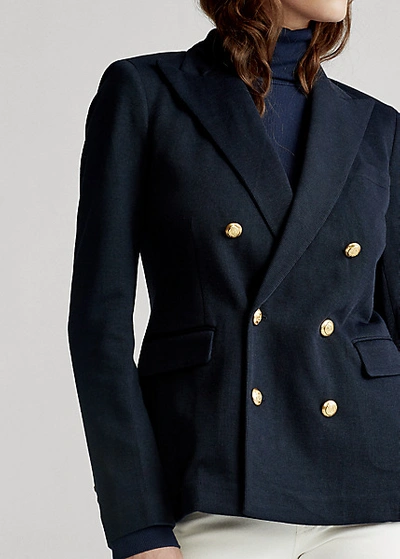 Shop Ralph Lauren Knit Double-breasted Blazer In Park Avenue Navy