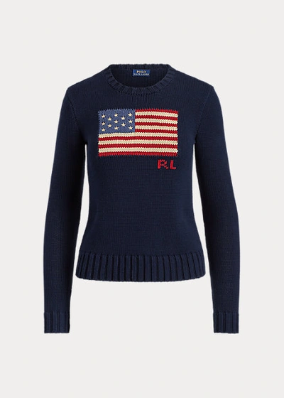 Shop Ralph Lauren Flag Cotton Crewneck Sweater In Hunter Navy