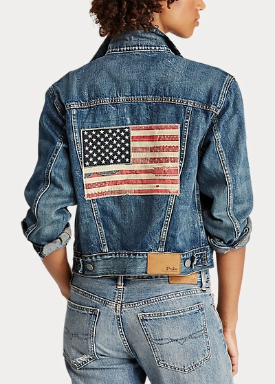 Shop Ralph Lauren Usa Flag Denim Trucker Jacket In Dark Indigo