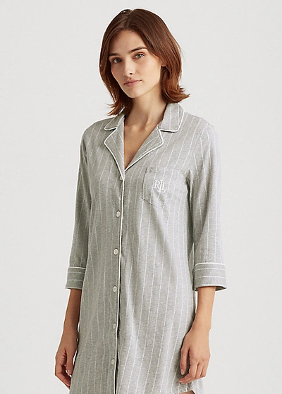 Shop Lauren Ralph Lauren Striped Cotton Sleep Shirt In Grey Stripe