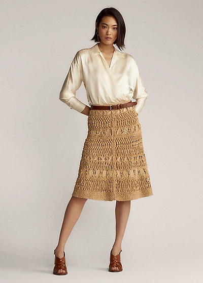 Shop Ralph Lauren Bryant Leather Macramé Skirt In Beige