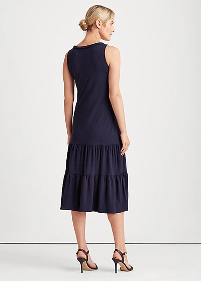 Shop Lauren Ralph Lauren Tiered Cotton-blend Midi Dress In Lauren Navy