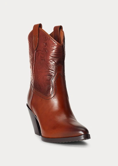 Shop Ralph Lauren Tooled Leather Ankle Boot In Cuoio
