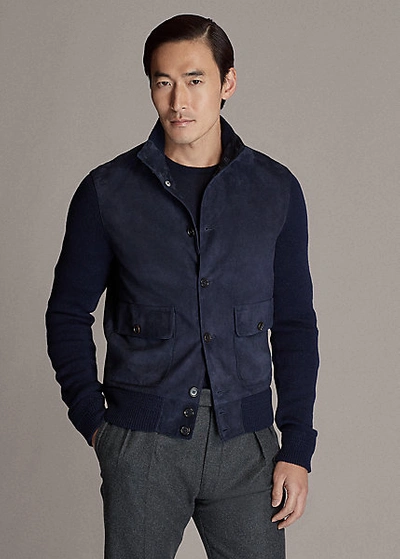 Shop Ralph Lauren Suede-front Cashmere Cardigan In Classic Chairman Navy