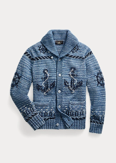 Shop Double Rl Hand-knit Cotton-blend Shawl Cardigan In Blue Indigo