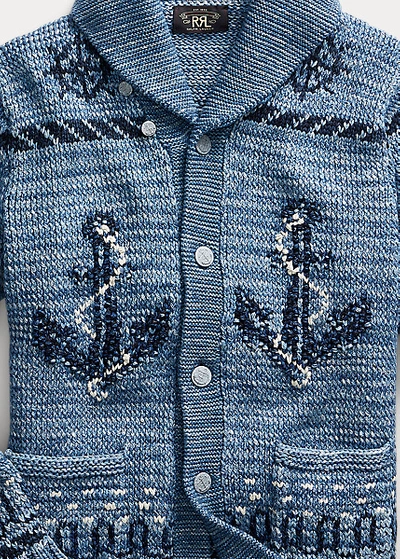Shop Double Rl Hand-knit Cotton-blend Shawl Cardigan In Blue Indigo
