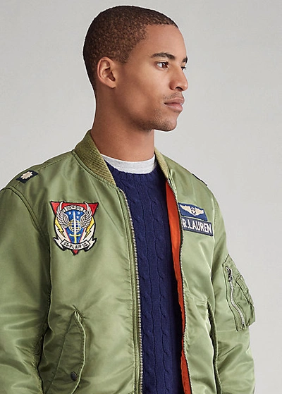 Shop Ralph Lauren Twill Bomber Jacket In Bohemian Olive/orange