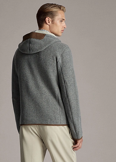 Shop Ralph Lauren Suede-trim Full-zip Hoodie In Grey Heather Multi