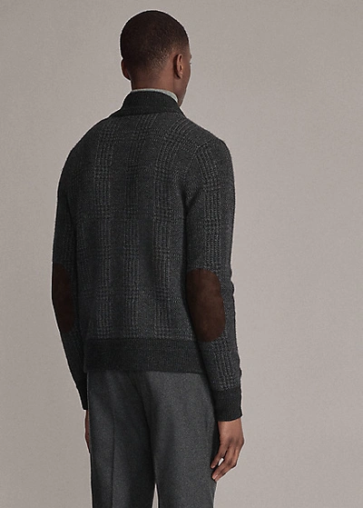 Shop Ralph Lauren Suede-trim Glen Plaid Cashmere Cardigan In Charcoal Multi