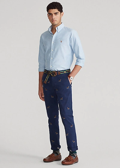 Shop Ralph Lauren Stretch Straight Fit Chino In Cruise Navy W/ Hound Emb