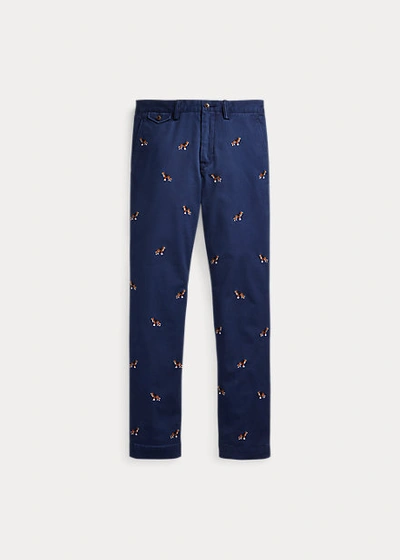 Shop Ralph Lauren Stretch Straight Fit Chino In Cruise Navy W/ Hound Emb