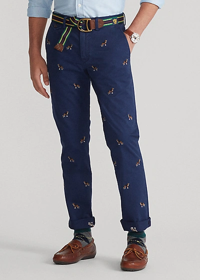 Shop Ralph Lauren Stretch Straight Fit Chino In Cruise Navy W/ Hound Emb