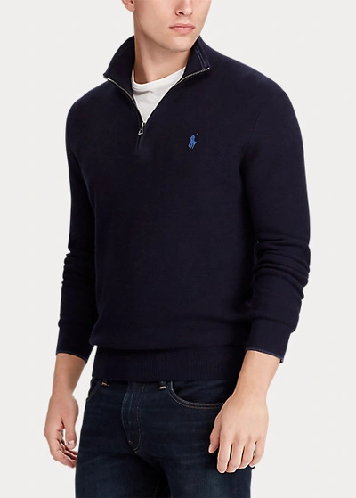 Shop Polo Ralph Lauren Mesh-knit Cotton Quarter-zip Sweater In Navy Heather