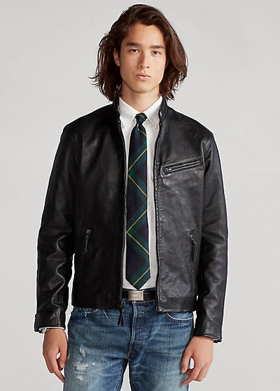 Shop Ralph Lauren Leather Café Racer Jacket In Polo Black