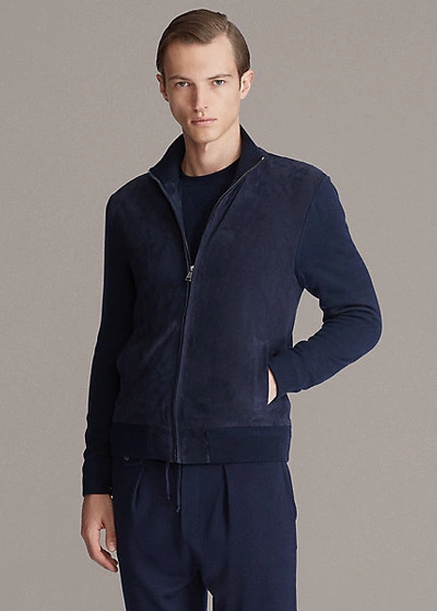 Shop Ralph Lauren Suede-front Full-zip Sweater In Classic Chairman Navy