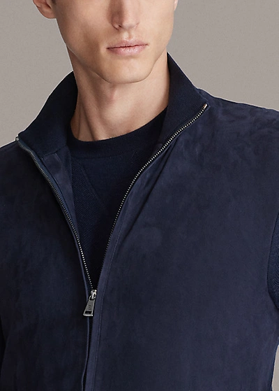Shop Ralph Lauren Suede-front Full-zip Sweater In Classic Chairman Navy