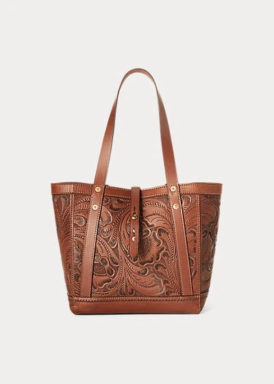 Shop Ralph Lauren Hand-tooled Leather Tote In Brown