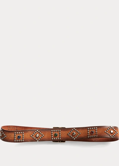 Double Rl Studded Roughout Leather Belt In Light Brown