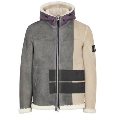 Stone Island Logo-print Hooded Shearling-lined Leather Jacket In Grey |  ModeSens