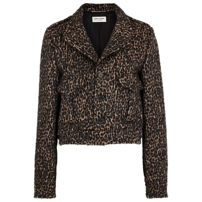 Shop Saint Laurent Leopard-print Cropped Wool-blend Jacket In Brown