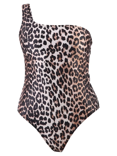 Shop Ganni Leopard Print Swimsuit In Multi