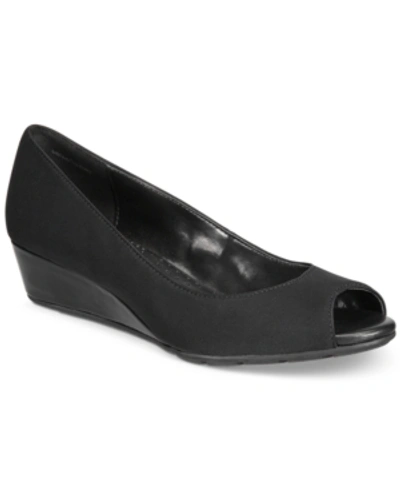 Shop Bandolino Women's Candra Peep Toe Wedge Dress Pumps In Black Fabric
