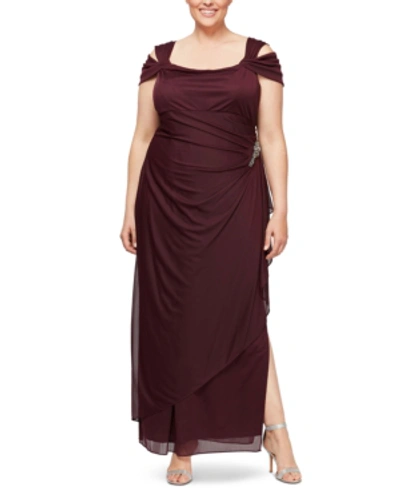 Shop Alex Evenings Plus Size Embellished Cold-shoulder Gown In Wine