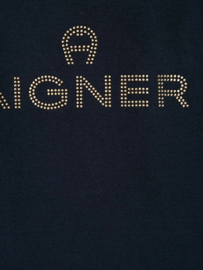 Shop Aigner Rhinestone Logo Ruffled Shoulders Sweatshirt In Blue