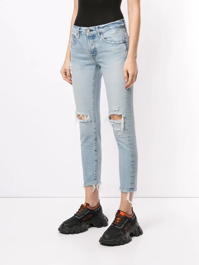 Shop Moussy Vintage Distressed Tapered-fit Jeans In Blue