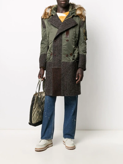 Shop Junya Watanabe Patchwork Tweed Parka Coat In Green