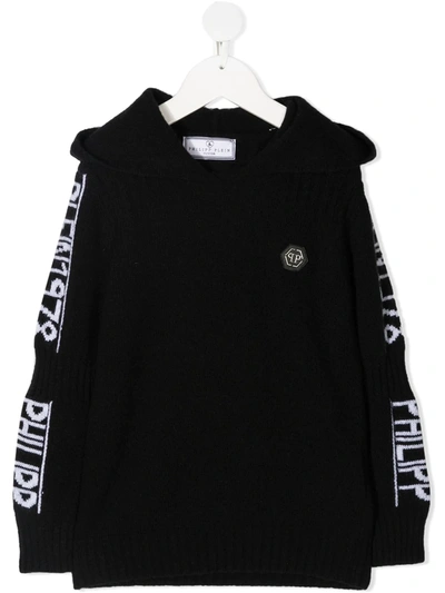 Shop Philipp Plein Junior Logo Intarsia Knitted Hoodie In Black