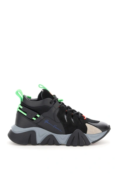 Shop Versace Squalo Hiker Sneakers In Nero Grigio Verde Fluo (black)