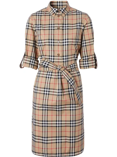 Shop Burberry Checked Cotton Shirt Dress In Beige