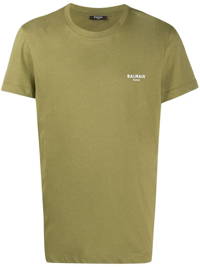 Shop Balmain Flocked Logo T-shirt In Green