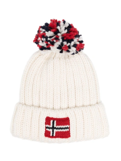 Shop Napapijri Ribbed-knit Pompom Beanie In White